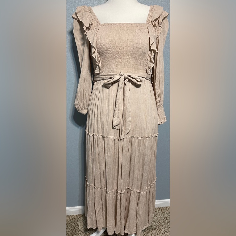 In Loom Smocked Ruffle Strap Maxi Dress Beige Prairie Cottagecore Boho Medium - Picture 2 of 8